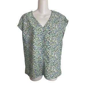 Hilary Radley Pullover Shirt Top Womens Size S Blue Cap Sleeve Floral V Neck
